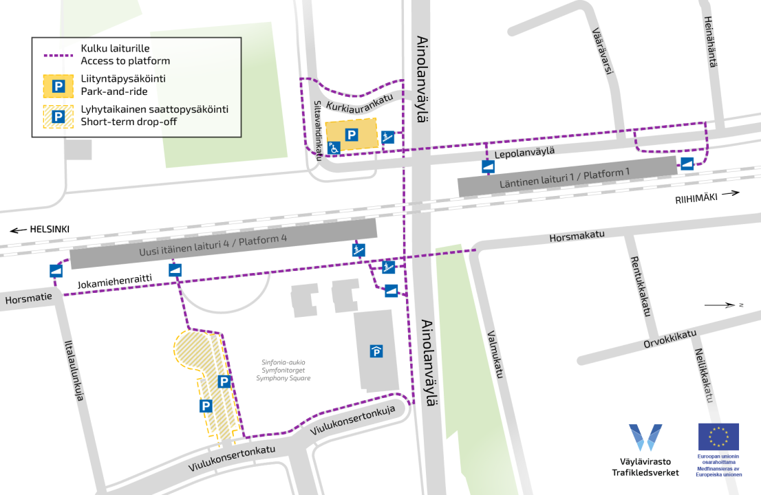 Karttakuva jalankulun ja pyöräilyn reiteistä Järvenpään Ainolan itäpuolen seisakkeelle, kun Jokamiehenraitin silta on avattu.