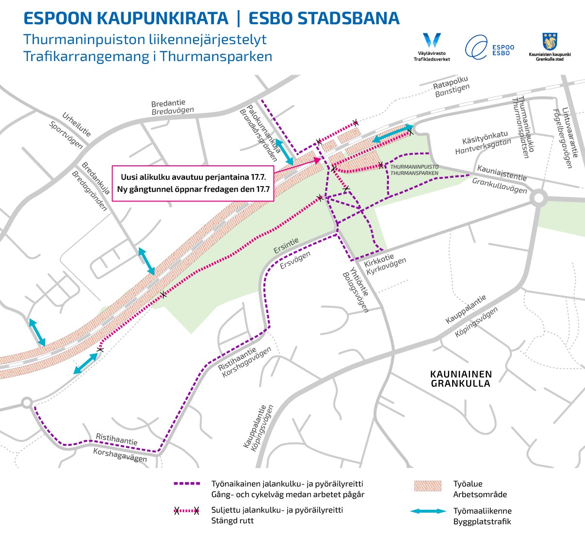 Karttakuva Thurmaninpuiston liikennejärjestelyistä Espoon kaupunkirata -hankkeella.