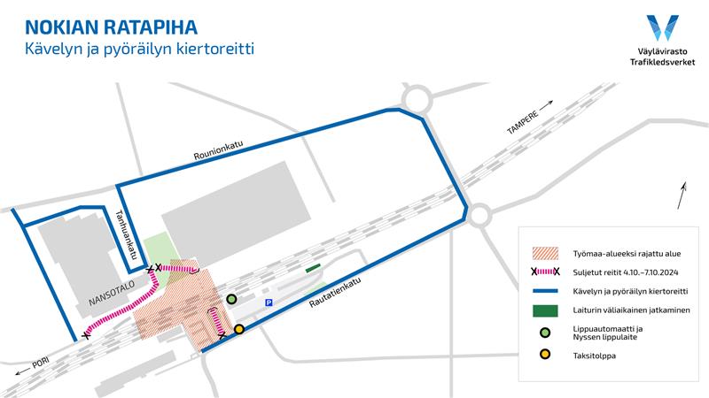 Nokian ratapihahankkeen kävelyn ja pyöräilyn kiertoreitti (kartta päivitetty 3.10.2024). 