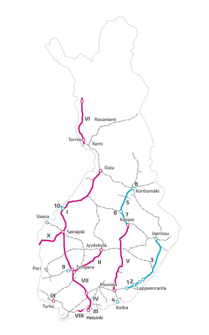 Most important railway planning projects placed on the map of Finland