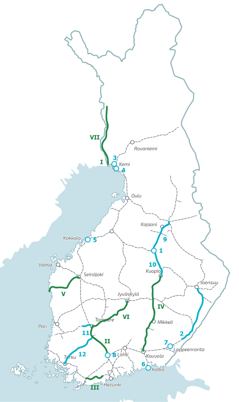 Kuva: rataverkon merkittävät suunnittelukohteet vuonna 2026 Suomen kartalla.