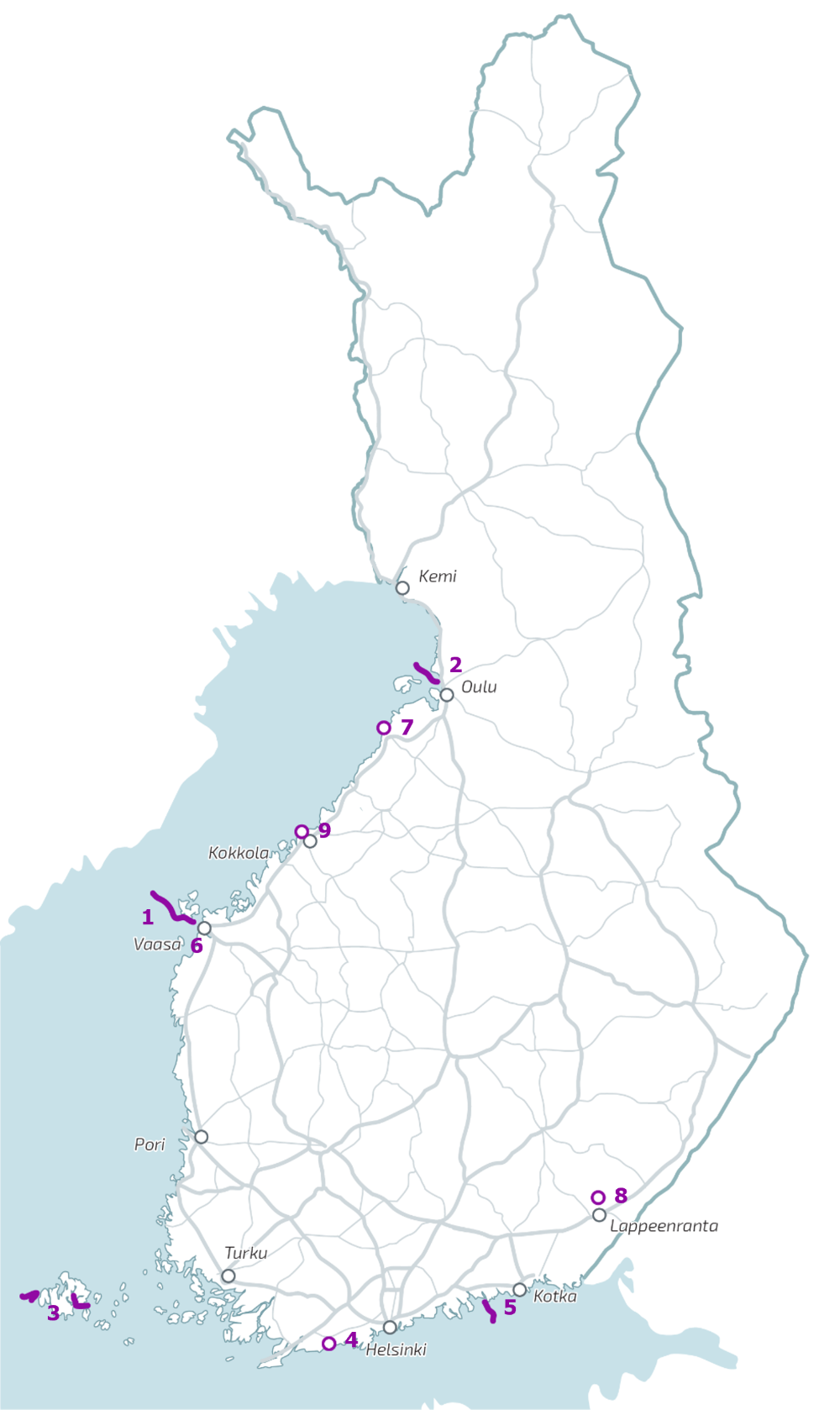 Vesiväyläverkon suunnittelukohteet vuonna 2026 Suomen kartalla.