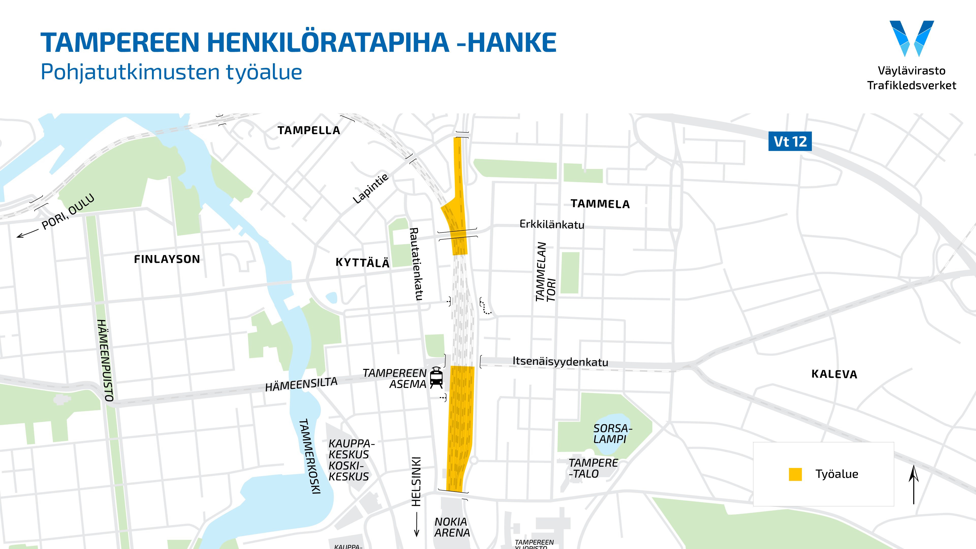 Kuvassa on esitetty pohjatutkimusalueet Naistenlahdessa sekä Erkkilän sillan ja Itsenäisyydenkadun alikulkusillan alueella.