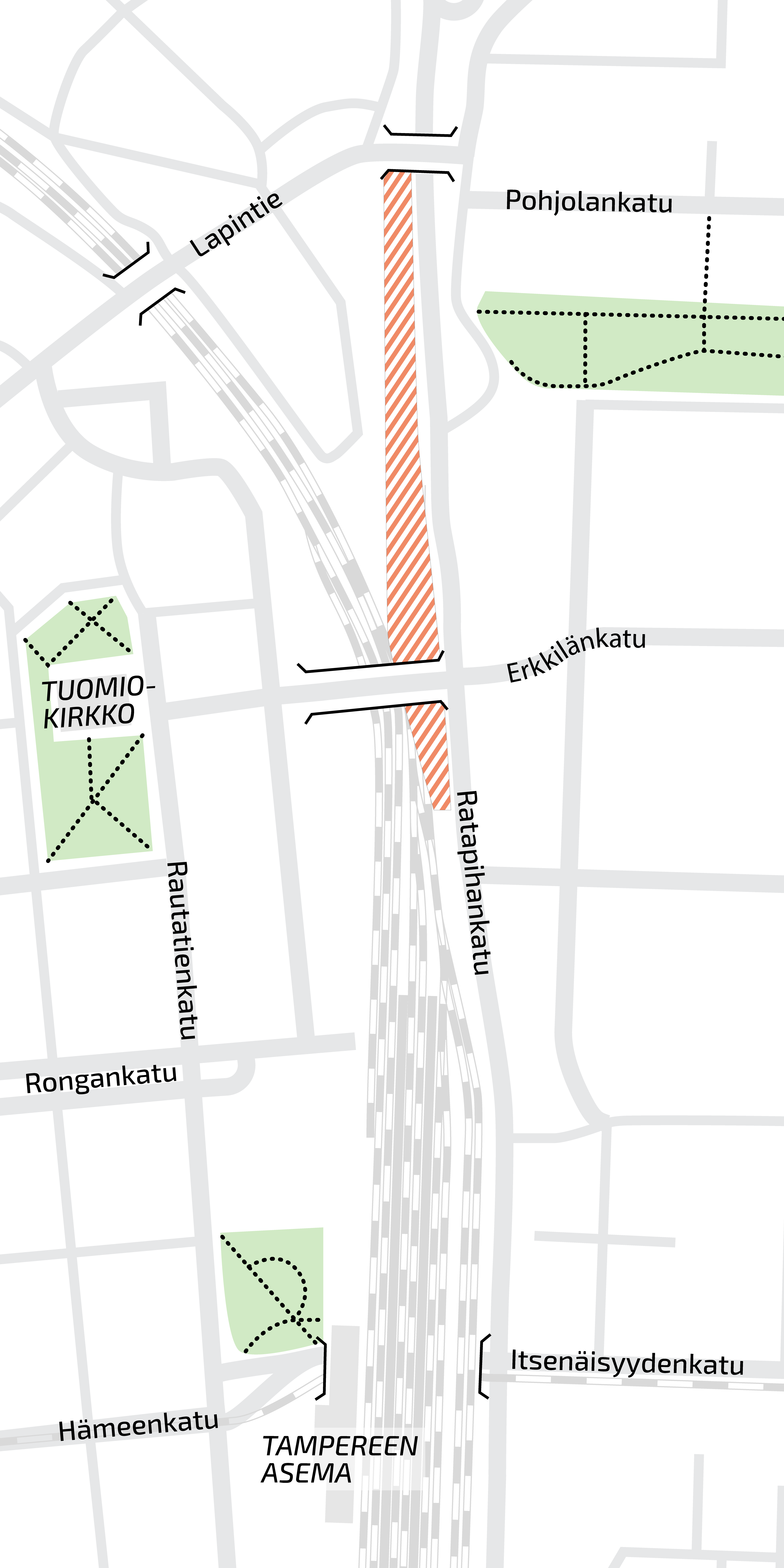 Kuvassa Tammelan kaupunginosan karttakuva, joka pohjoissuunnassa päättyy Lapintiehen ja Pohjolankatuun ja vastaavasti etelässä Hämeenkatuun ja Itsenäisyydenkatuun. Kaivuutyöalue on merkitty karttaan punaisella Pohjolankadun ja Erkkilänkadun väliselle ratapihalle. 