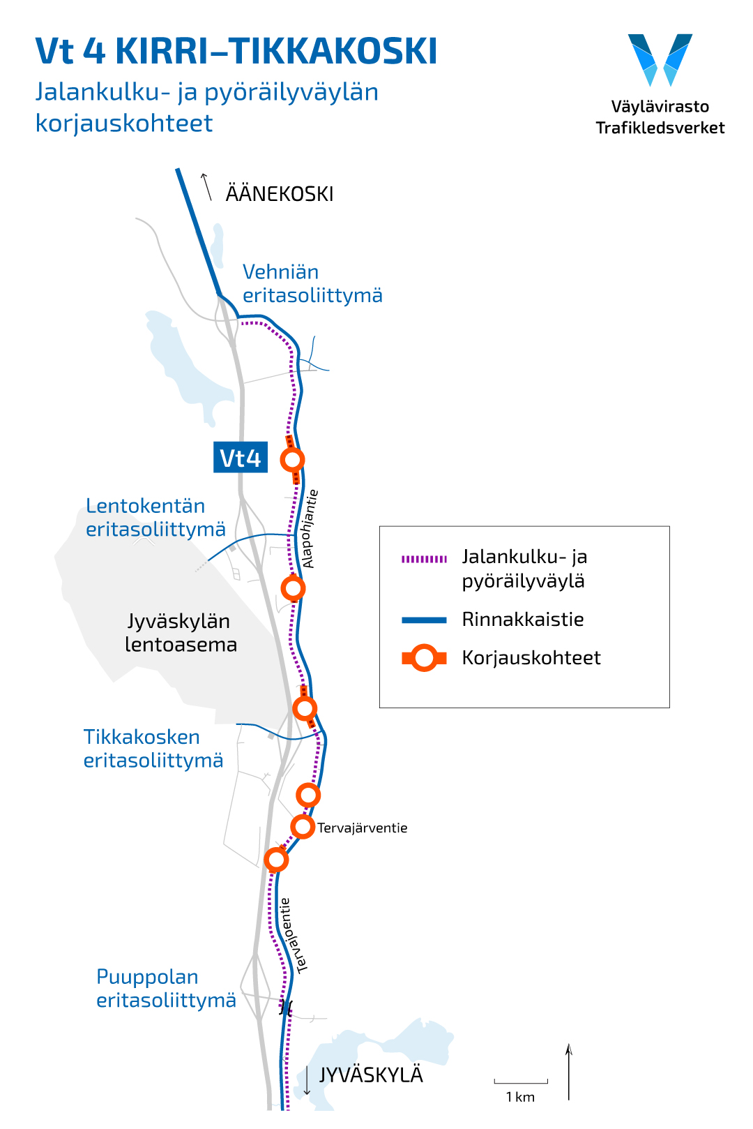 Karttakuva jalankulun ja pyöräilyn väylät rinnakkaistiellä Puuppolan ja Vehniän välillä, korjattavat kohdat