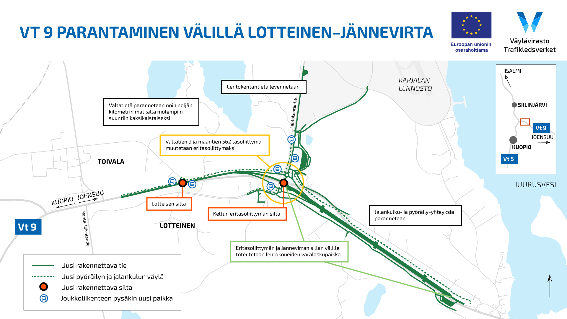 VT 9 parantaminen välillä Lotteinen–Jännevirta -hankkeen kartta, johon on merkitty hankkeen työkohteet.