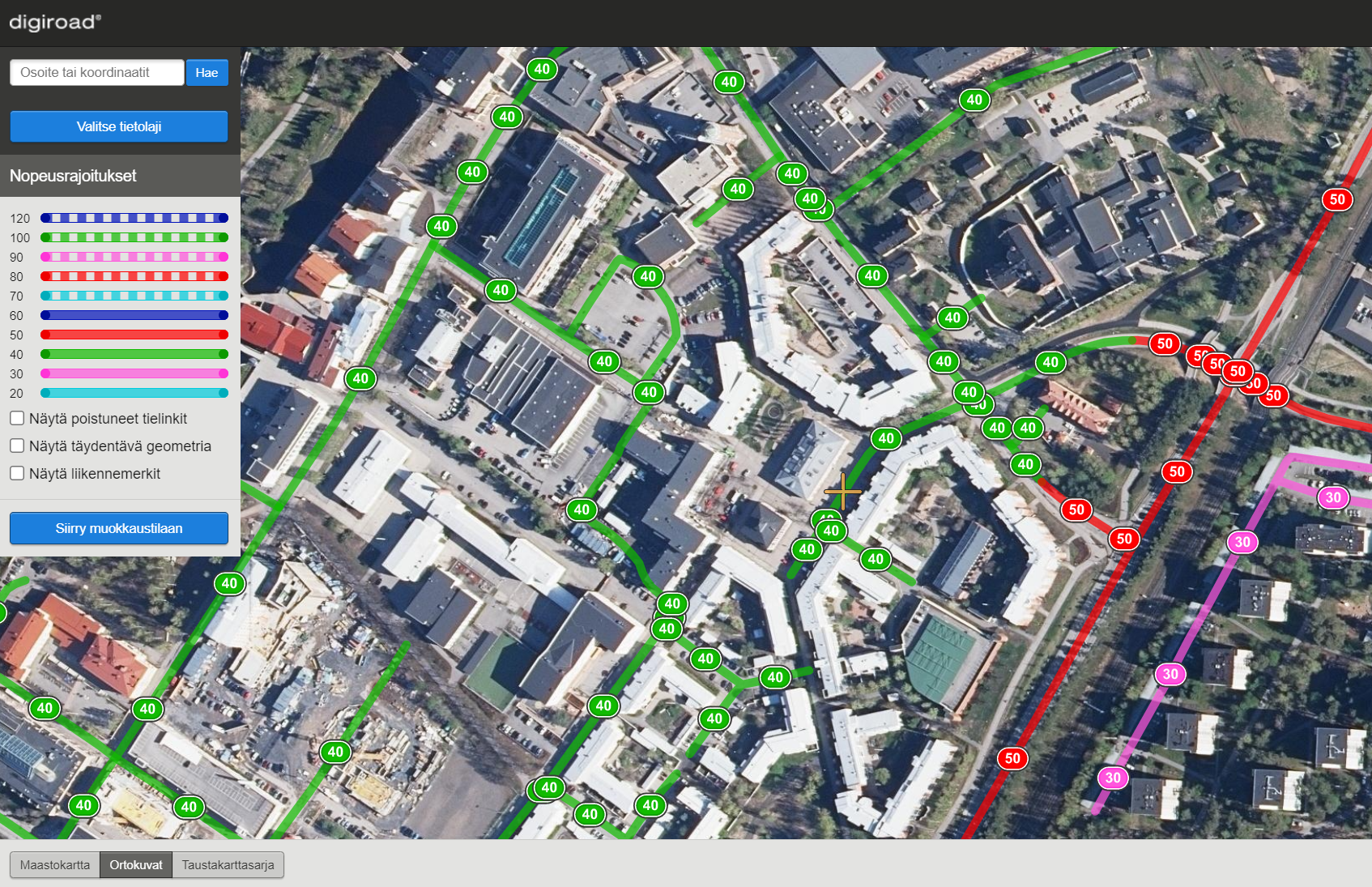 Kuva Digiroad-sovelluksesta jossa taustalla ilmakuva ja päällä nopeusrajoitus tietolaji