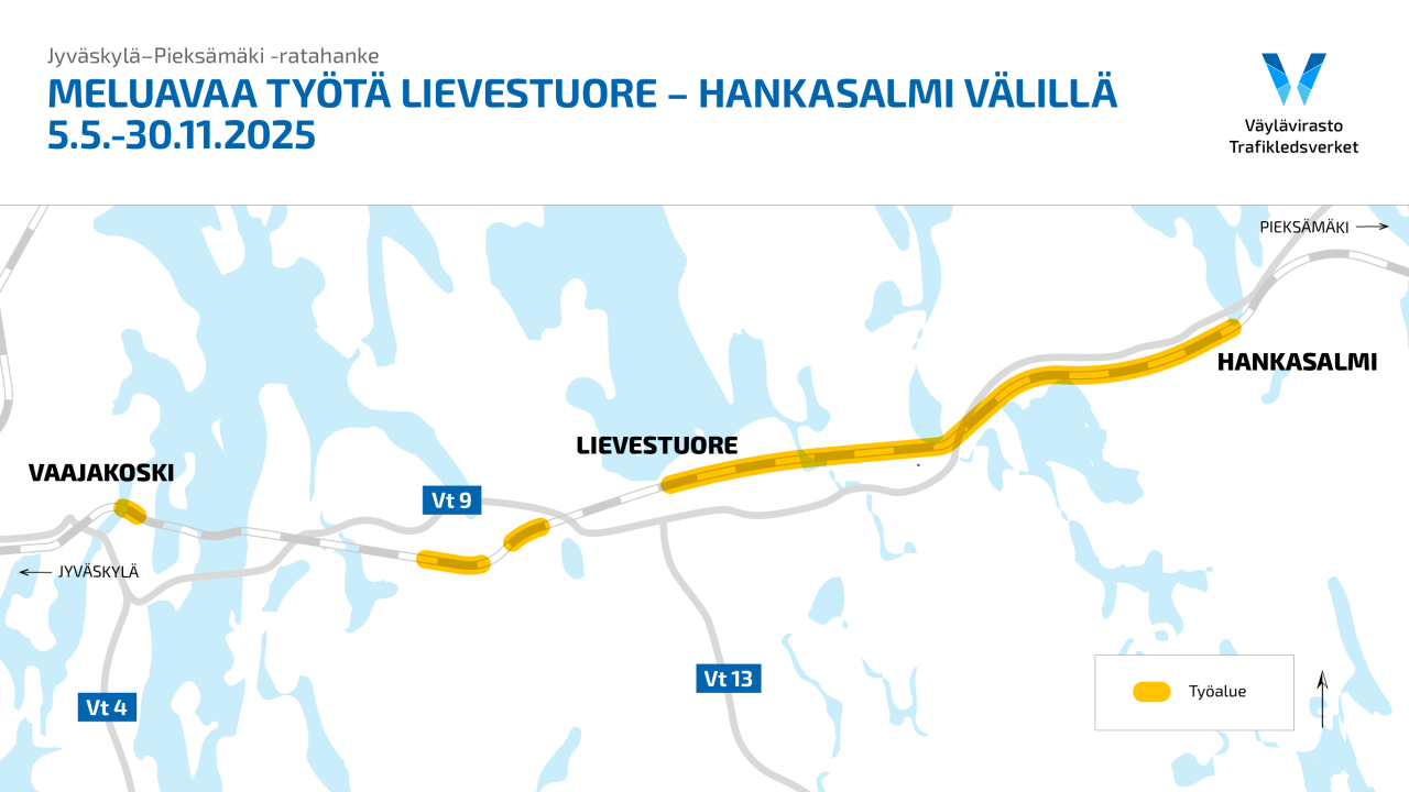 Karttakuva työalueesta, joka on Jyväskylä-Pieksämäki -rataosuuden välittömässä läheisyydessä välillä Lievestuore-Hankasalmi.