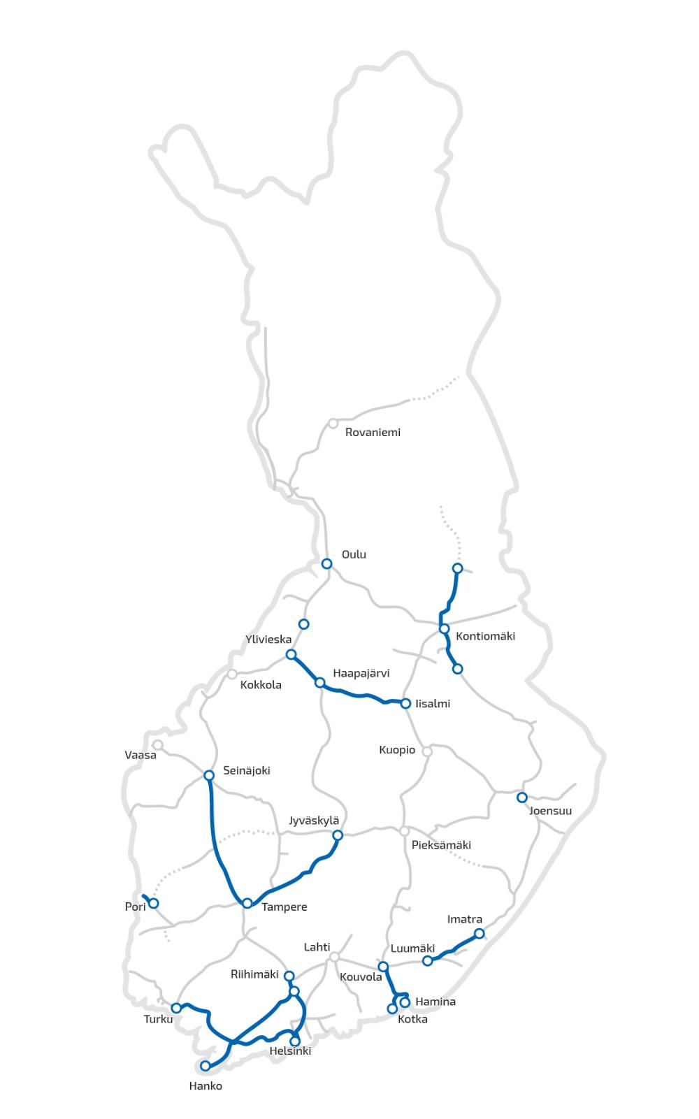 Suomen kartta, johon merkitty tiedotteessa mainitut alueet sekä rataosuudet