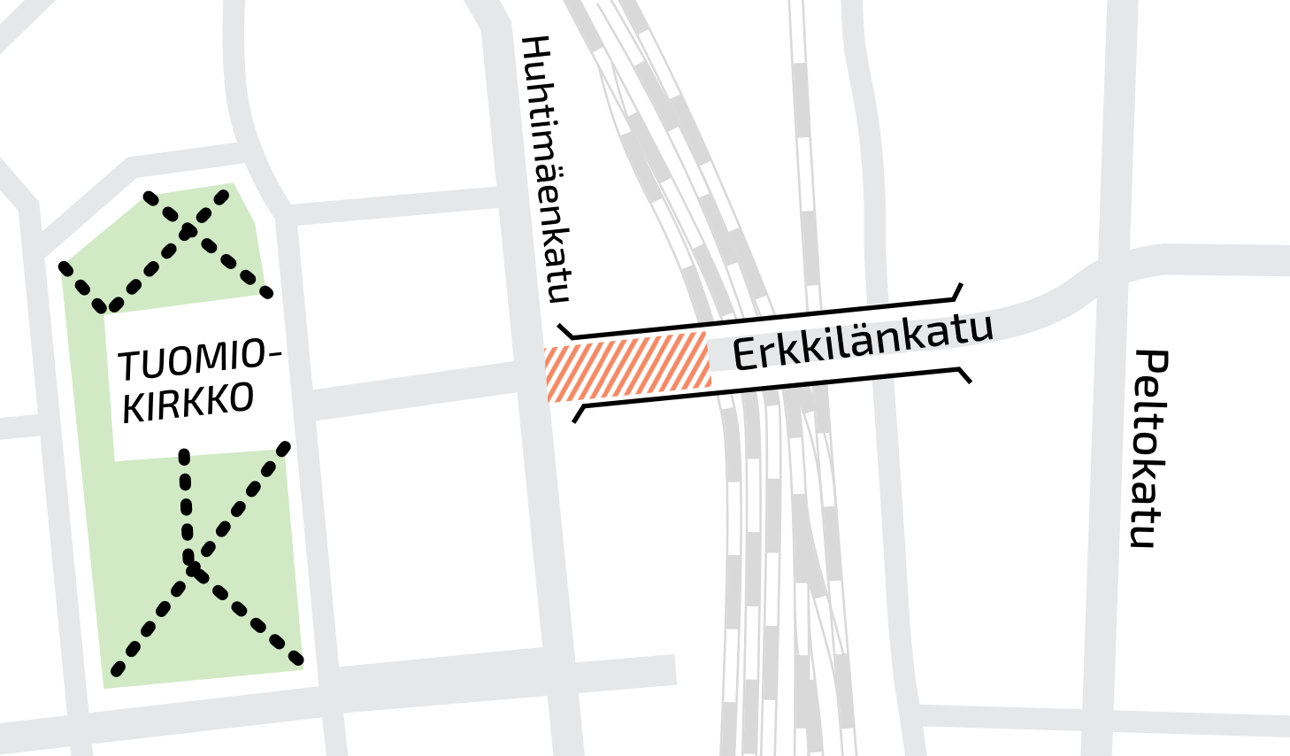 Karttakuva Erkkilänkadun alueesta. Vasemmalla tuomiokirkko ja oikealla Peltokatu. 