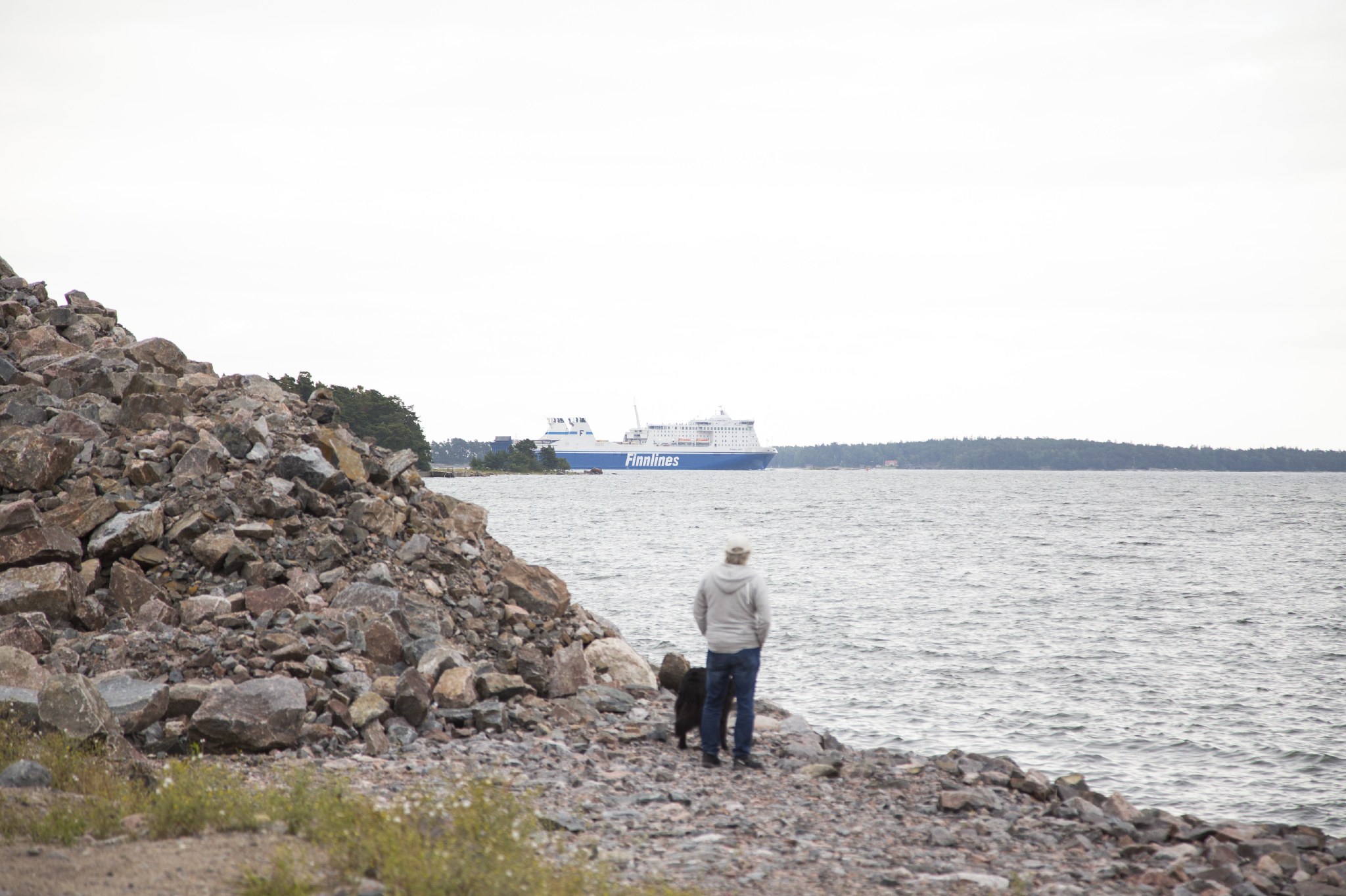 Mies rannalla koiran kanssa, horisontissa näkyy iso laiva.