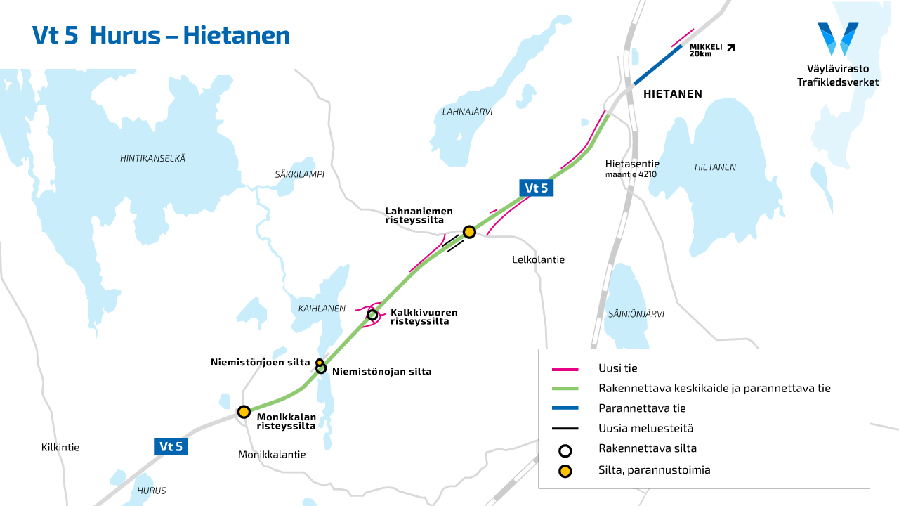 Karttakuva Hurus-Hietasen alueesta, jolle korostettu rakennettavat tai korjattavat alueet.