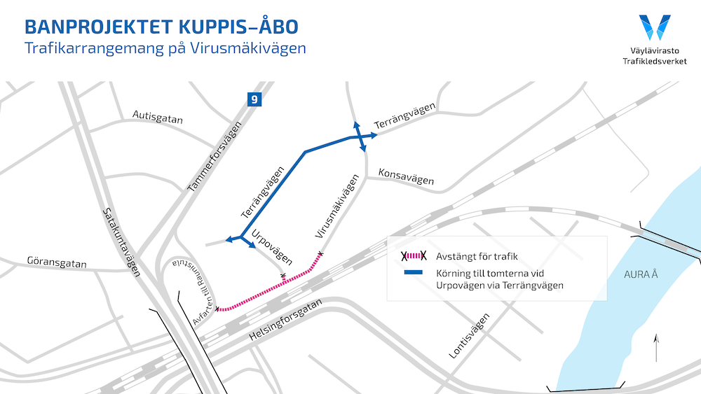 Karta av trafikarrangemang på Virusmäkivägen