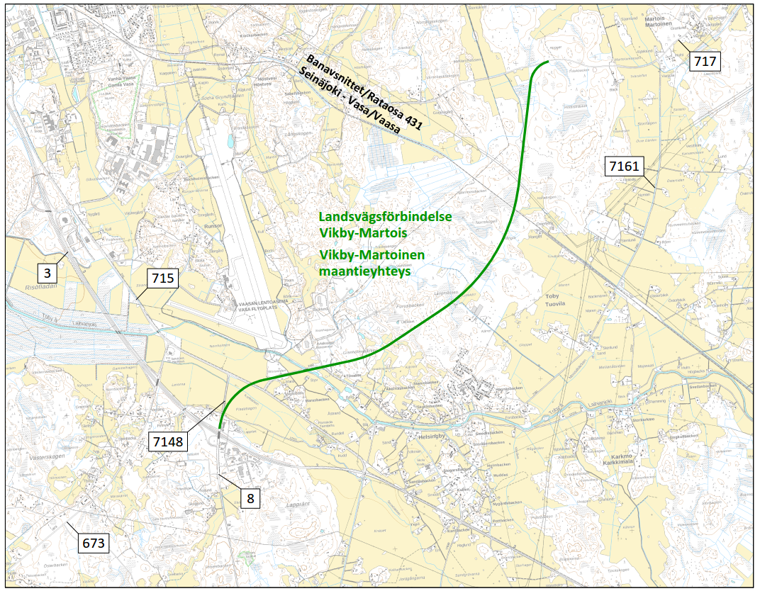 Uuden maantieyhteyden linjaus kartalla.