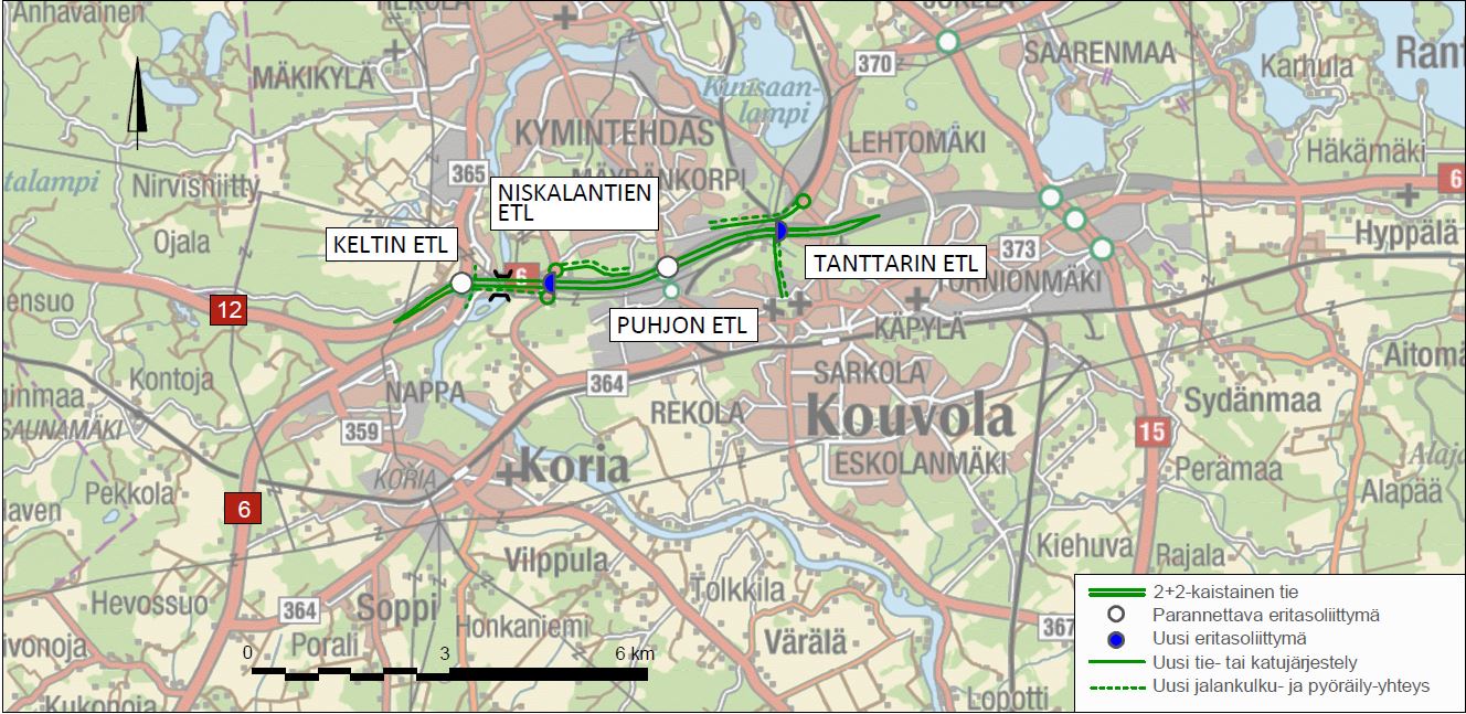 Karttaan on merkitty parannettava tieosuus Keltin ja Tanttarin välillä valtatiellä 6. 