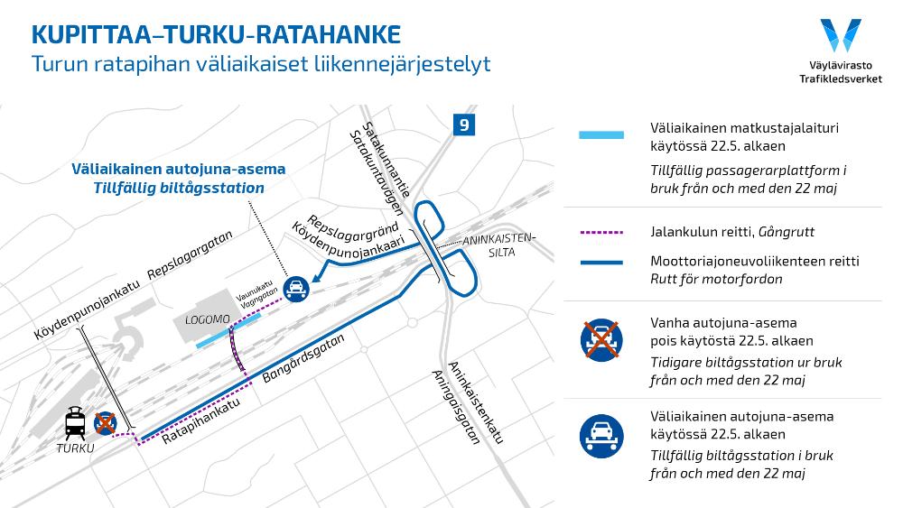 Karta över de tillfälliga trafikarrangemangen på bangården i Åbo.