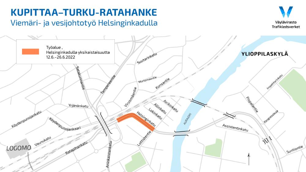 Kartta Helsinginkadun liikennejärjestelyistä, merkitty yksikaistainen pätkä Lonttistentien ja Aninkaistensillan välillä.