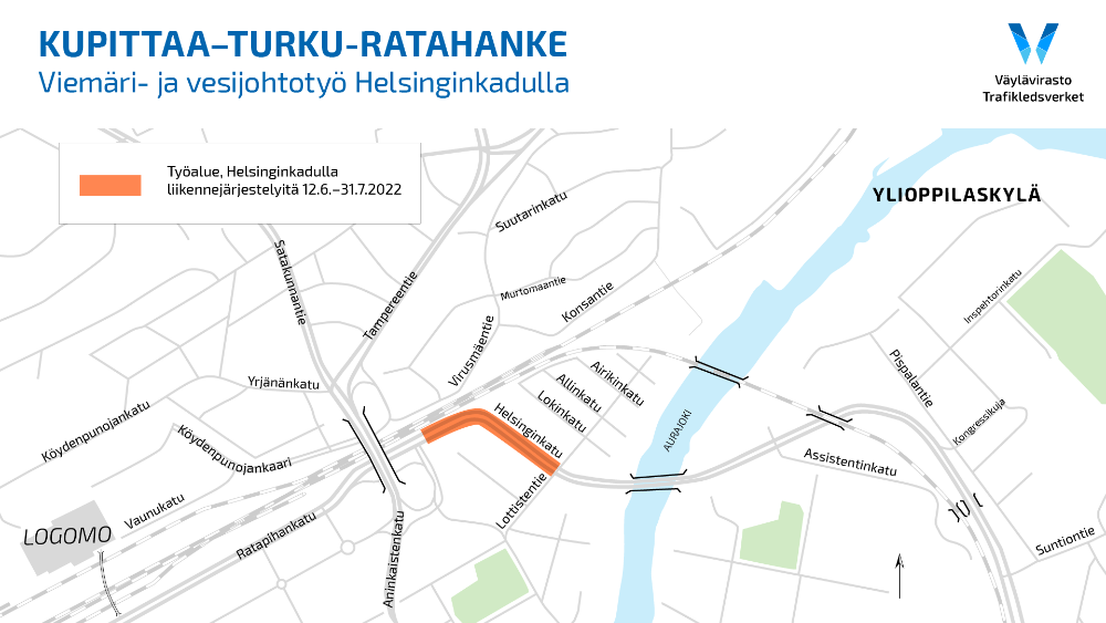 Kartta, jossa on kuvattuna Helsinginkadun liikennejärjestelyt.