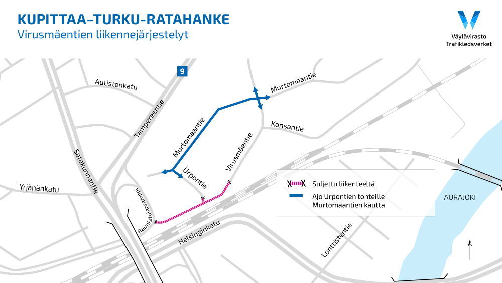 Kartta, jossa on kuvattu Virusmäentien liikennejärjestelyt.
