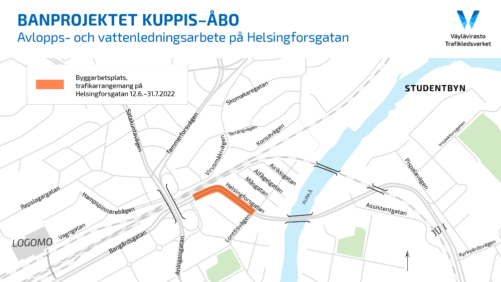 Karta med de tillfälliga trafikarrangemangen på Helsingforsgatan.