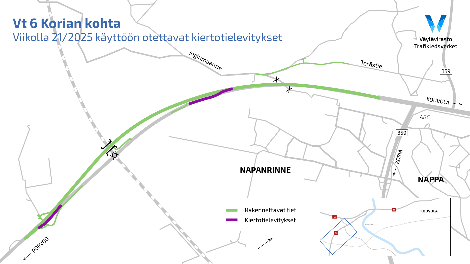 Kuutostiellä Korian ylikulkusillan molemmin puolin otetaan käyttöön kiertotielevitykset toukokuussa 2025.