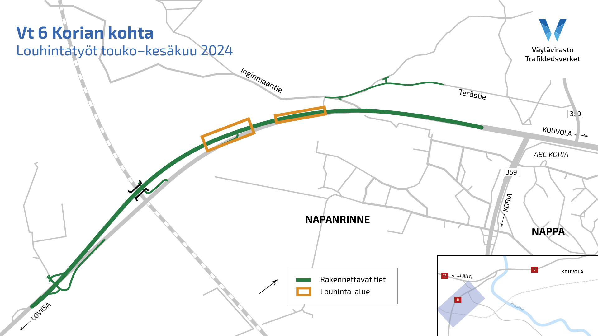 Vt 6 Korian kohta. Louhintatyöt touko–kesäkuu 2024. Louhinta-alueet sijaitsevat työmaan pohjoisosassa Inginmaantien yksityistieliittymän ja rautatien ylikulkusillan välillä.