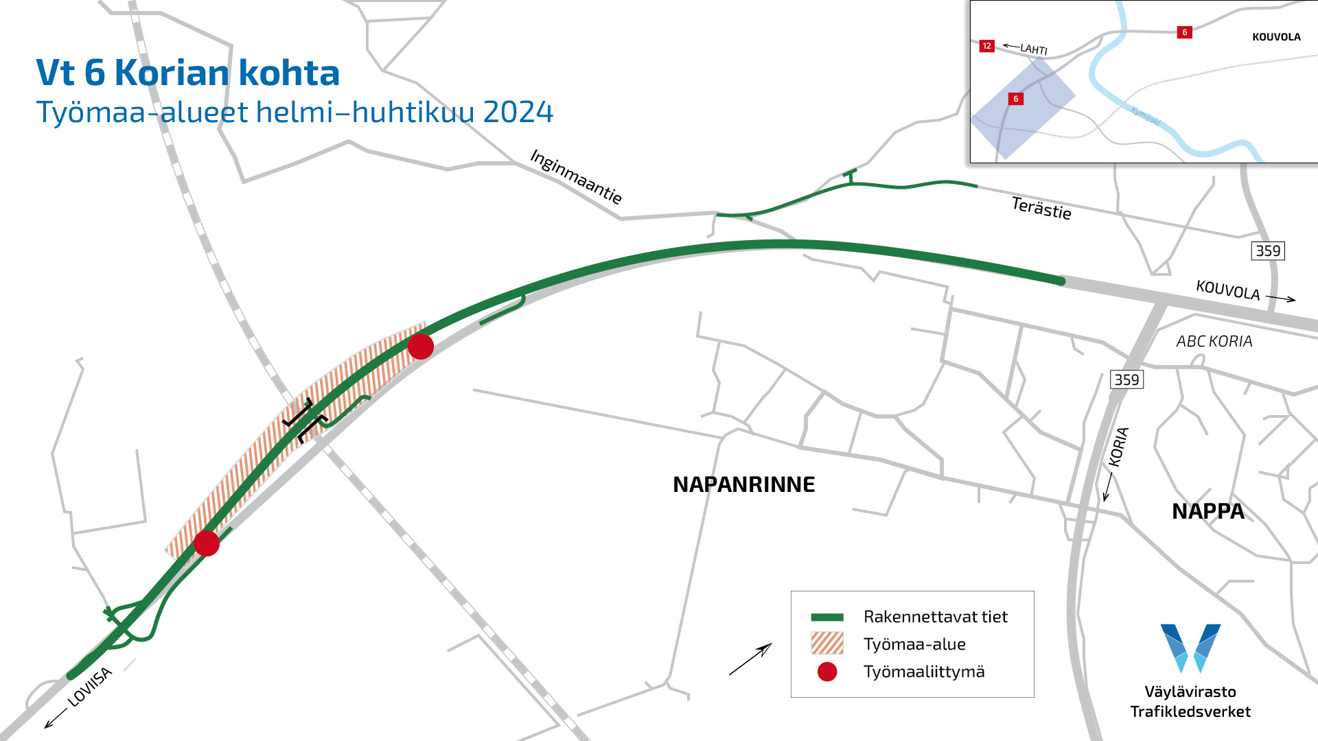 Helmi–huhtikuussa 2024 hankkeen rakennustyöt keskittyvät Lahti–Kouvola-radan ylitäävän Korian maantiesillan läheisyyteen.
