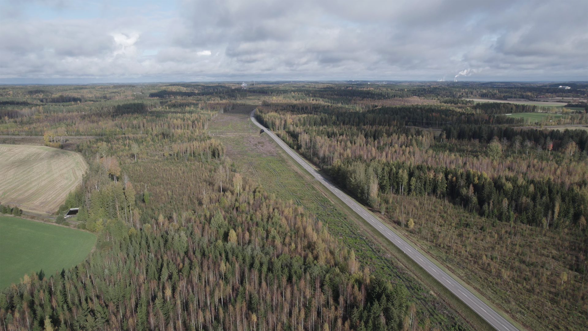 Maantie kulkee metsäisen maiseman halki; tien rinnalla vasemmalla puolella puuttomaksi raivattu alue.