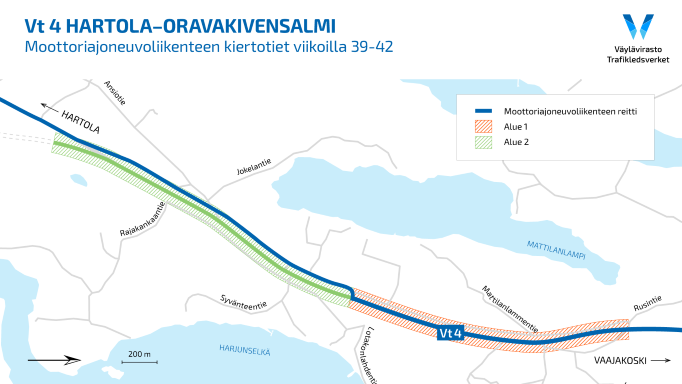 kartassa valtatie 4, päällystettävät alueet merkitty kartalle