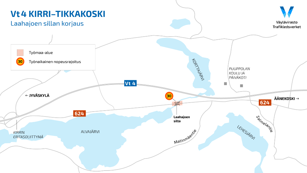 Karttakuva Laahajoen sillan korjaustyön sijainnista.