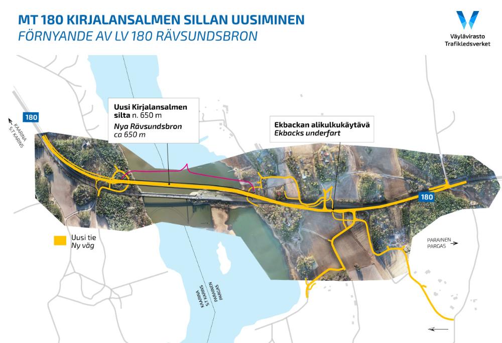 ilmakuva Kirjalansalmen alueesta, uusi tie piirretty ilmakuvan päälle.