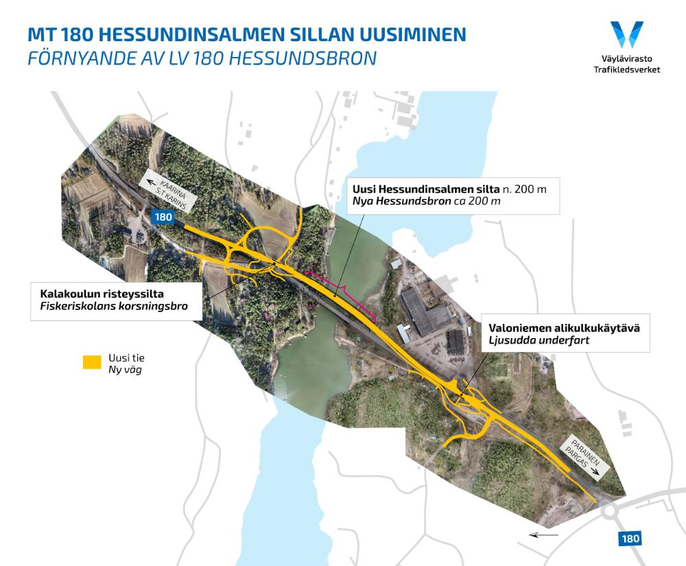 ilmakuva Hessundinsalmen alueesta, uusi tie piirretty ilmakuvan päälle.