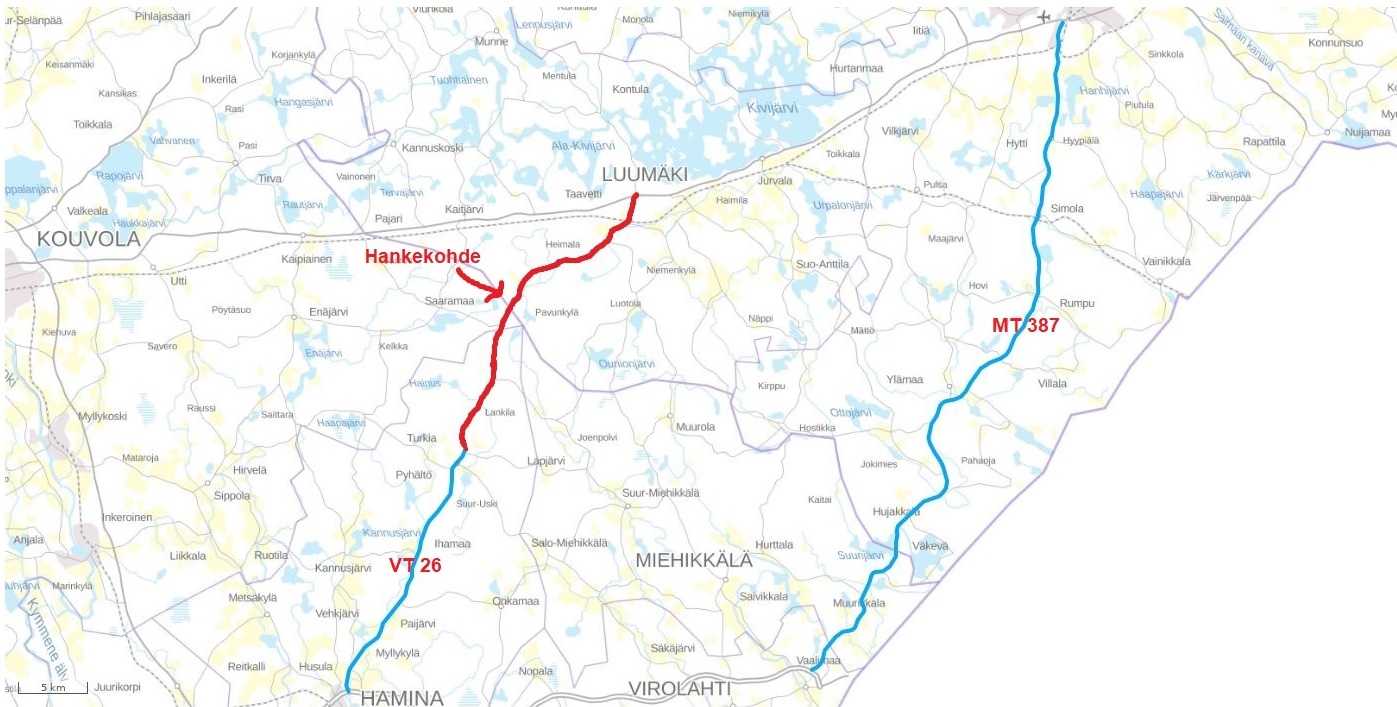 Karttaan on merkitty valtatien 26 parantamiskohde välillä Pyhältö-Lankila/Pahakorvenmäki-Kurvila/Moitjärvi Haminan, Kouvolan ja Luumäen alueilla. 