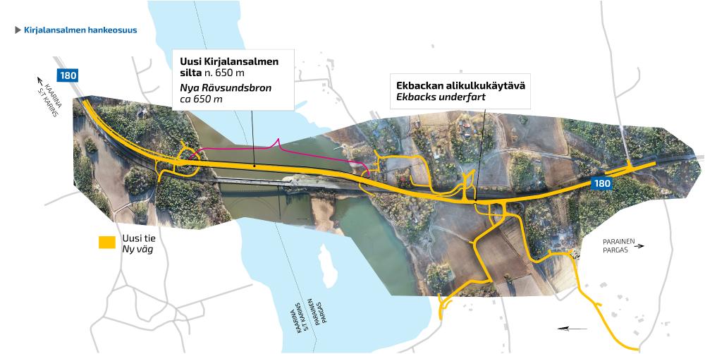 flygbild av Rävsundsområdet, den nya vägen har ritats på flygfotot