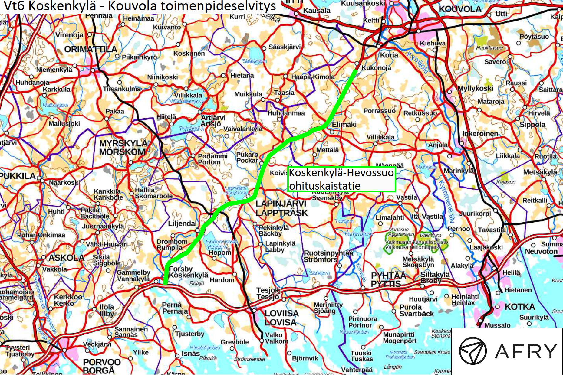 Valtatie 6 välillä Koskenkylä Kouvola, toimenpideselvitys. Karttaan on merkitty kyseinen tieosuus. 
