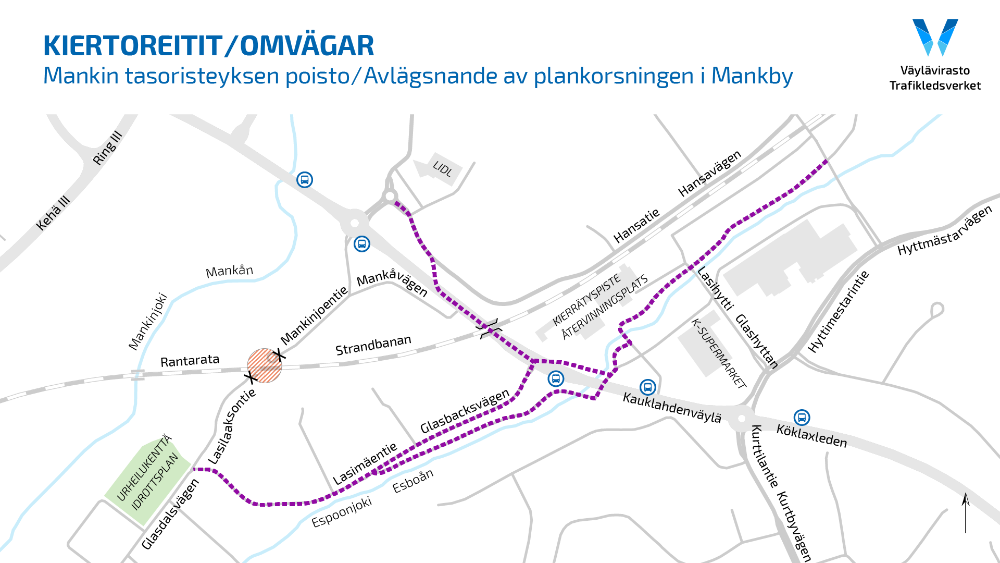 Kävelyn ja pyöräilyn reittikartta Mankin tasoristeyksen poiston jälkeen