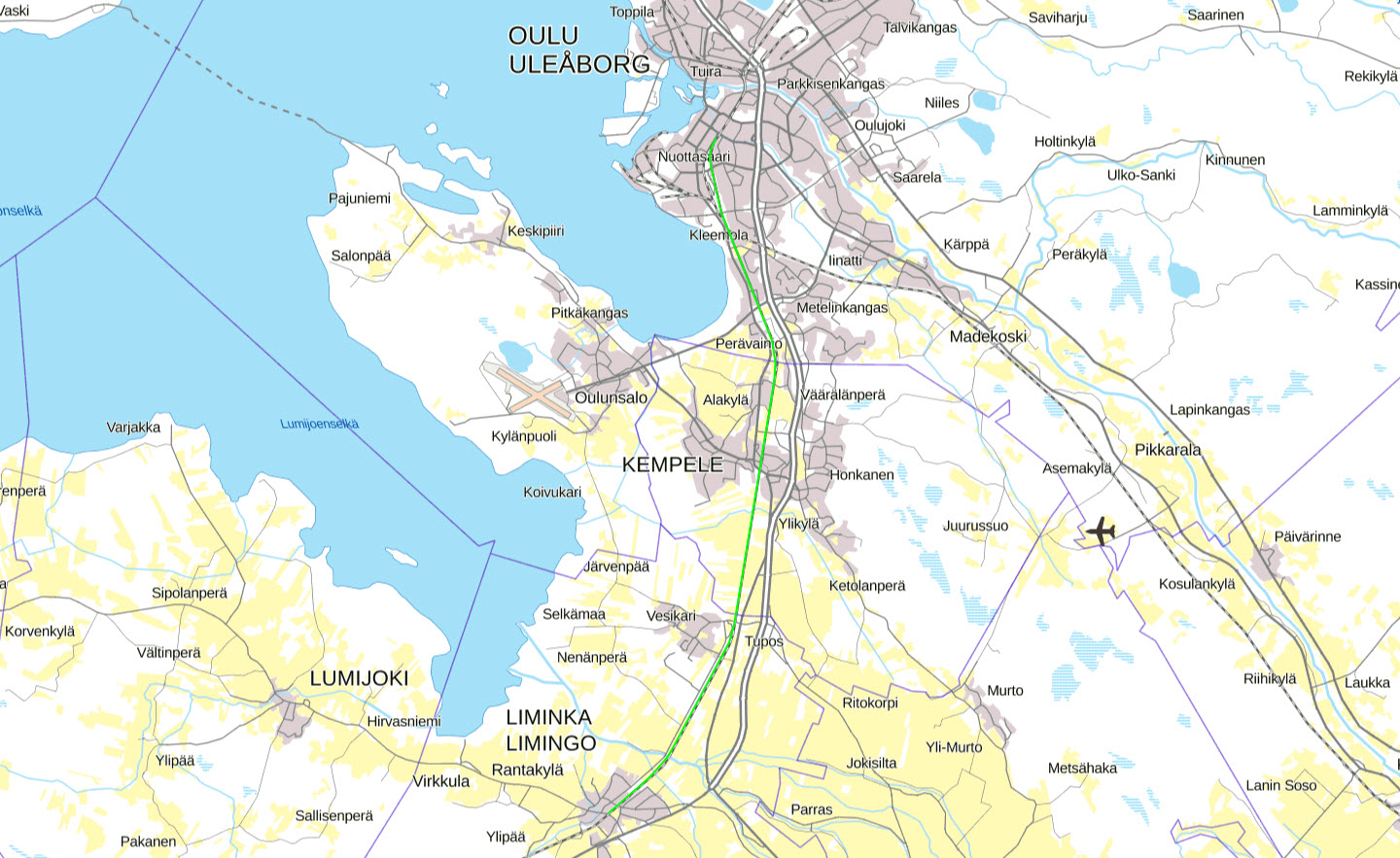 Karttakuva Liminka-Oulu ratasuunnittelualueesta