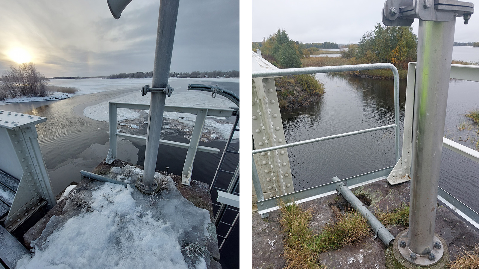 Pirtinvirran rautatiesillalla uusittiin mm. huoltotasojen kaiteita. Vasen kuva ennen, oikea jälkeen parannusten.