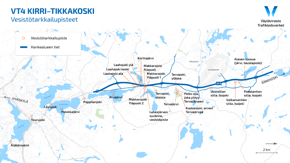 Karttakuva Kirri-Tikkakosken hankkeen vesistötarkkailupisteistä välillä Alasenjärvi– Äijälänsalmi, pisteitä kartalla yli 20 kappaletta