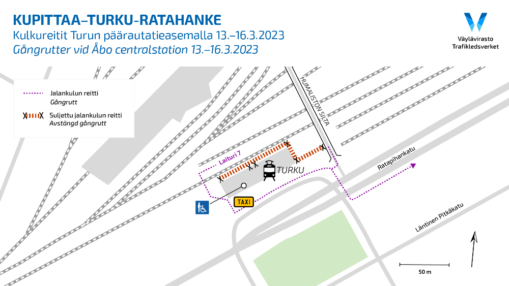 Kartta näyttää kulkureitit Turun päärautatieasemalla 13.-16.3.2023.
