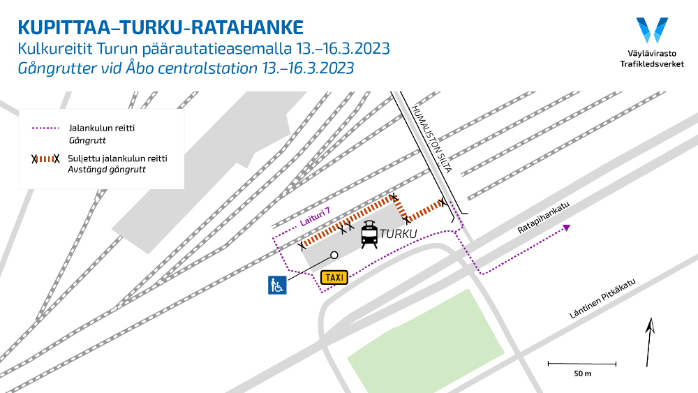 Karta över gångrutter vid Åbo centralstation 13.-16.3.2023.