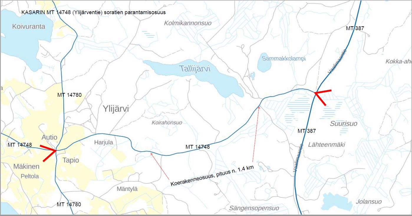 Karttaan on merkitty maantie14748 (Ylijärventien) soratien parantamisosuus.