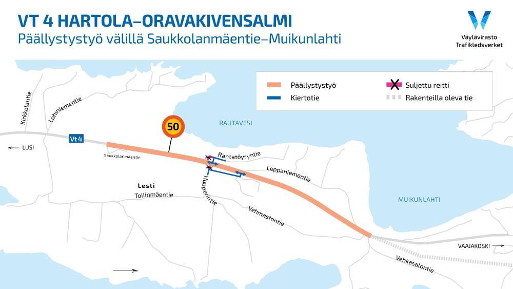 Kartta, päällystystyöt, Saukkolanmäentie–Muikunlahti, valtatie 4, nopeusrajoitus 50 km/h
