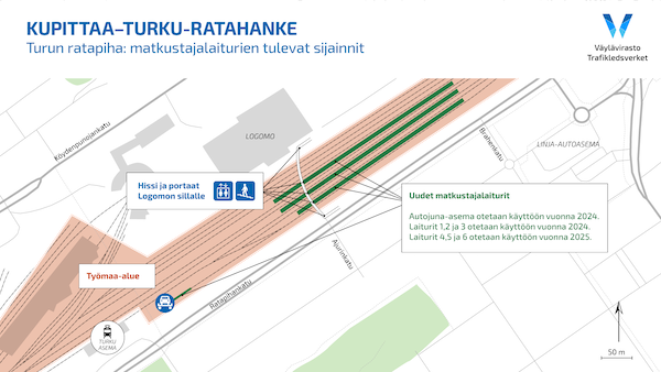 Matkustajalaiturien uudet sijainnit Turun henkilöratapihalla kartalle merkittynä.