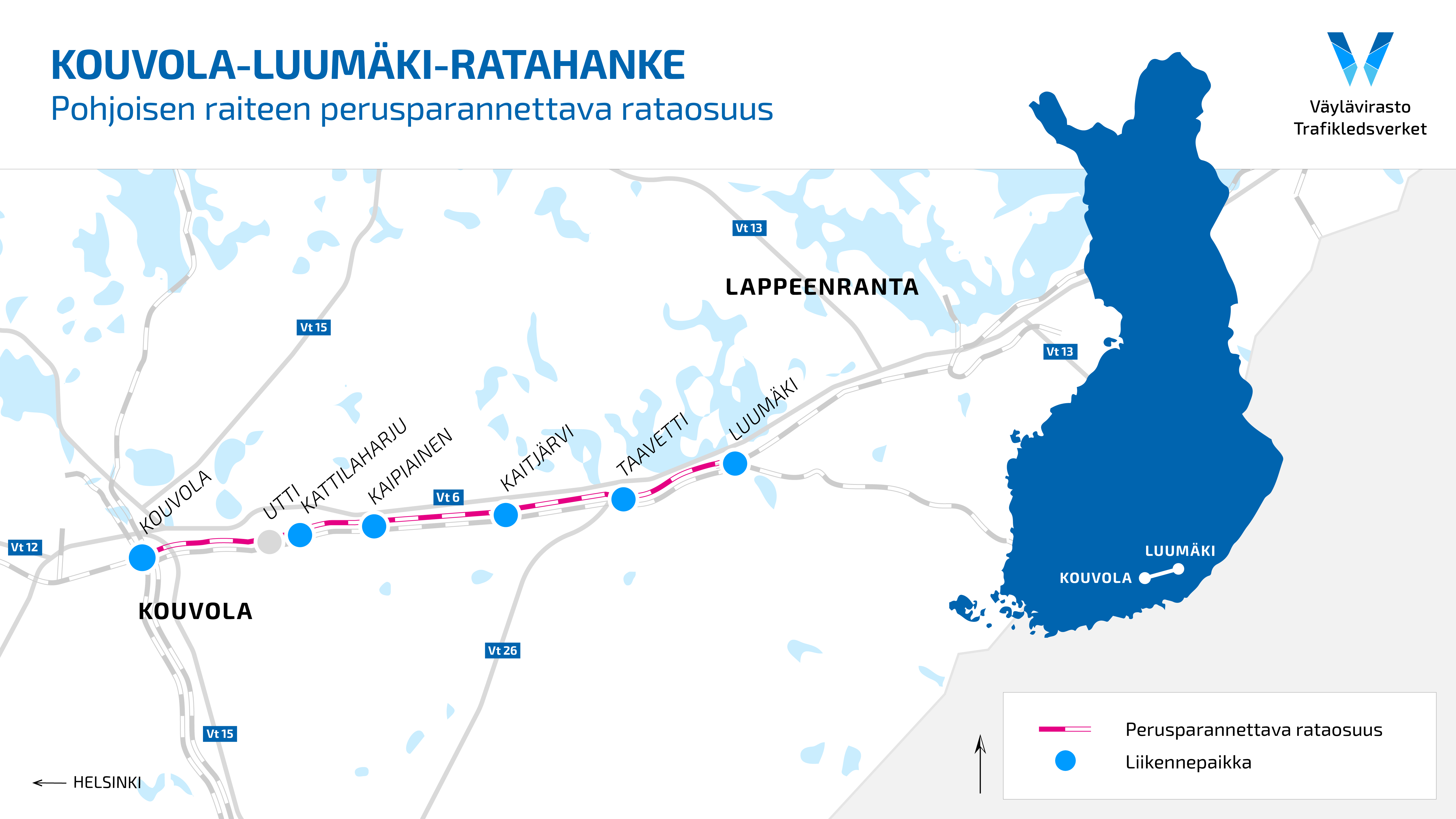 Hankealue kuvattuna Kouvolasta Luumäelle. Perusparannettava pohjoisen raiteen osuus merkitty kuvaan. Liikennepaikat merkitty.