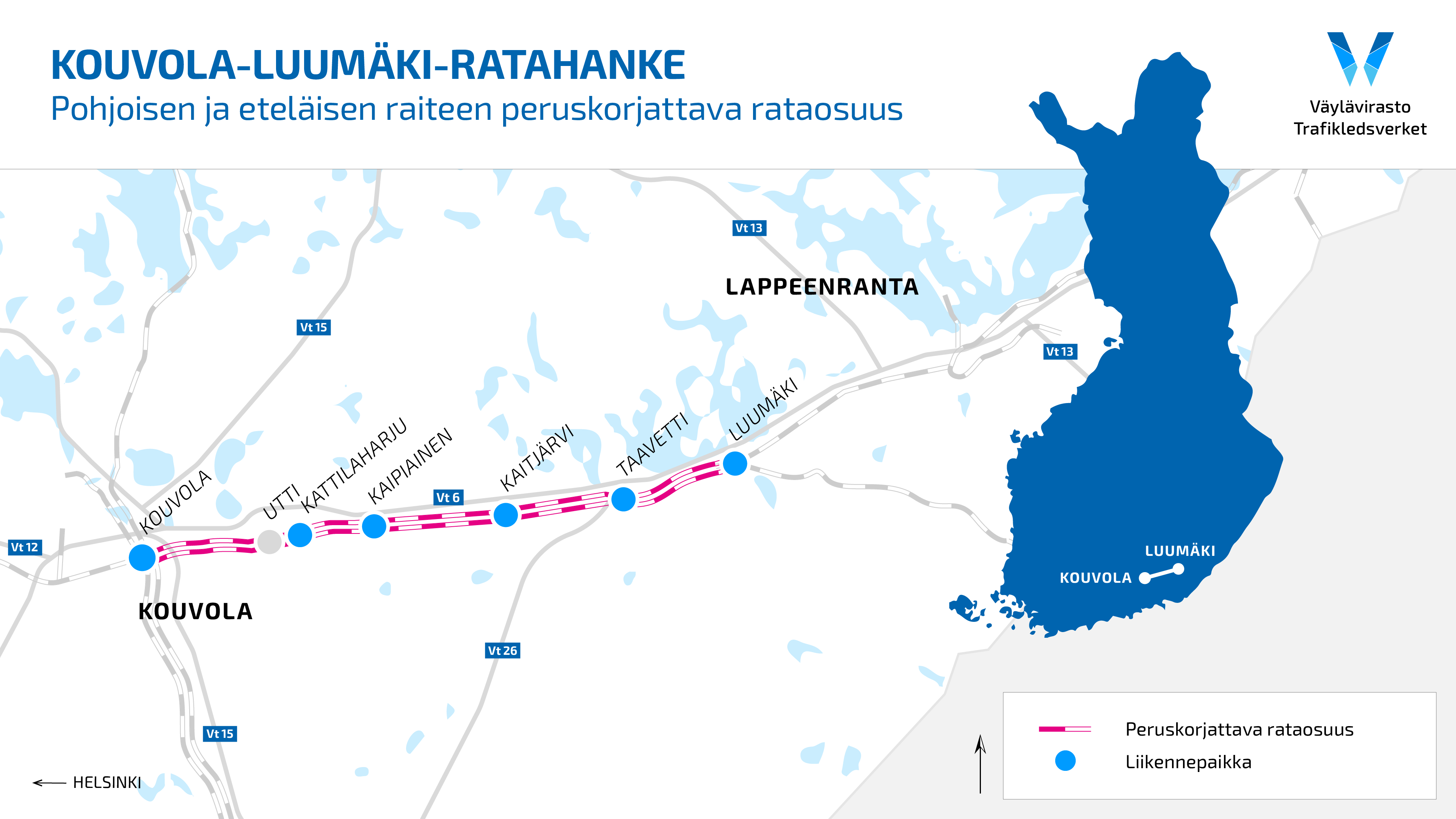 Kuvitetussa karttakuvassa on piirrettynä hankealueen kaksoisraide Kouvolan ja Luumäen välillä sekä kyseisen välin liikennepaikat Utti, Kattilaharju, Kaipiainen, Kaitjärvi ja Taavetti. Utin liikennepaikka ei ole siviililiikenteen käytössä.