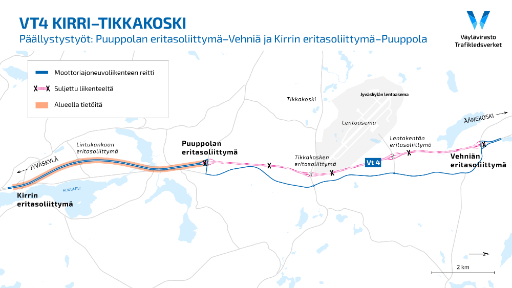 Kartta hankkeesta valtatie 4 Kirri–Tikkakoski, moottoritien päällystystyöt