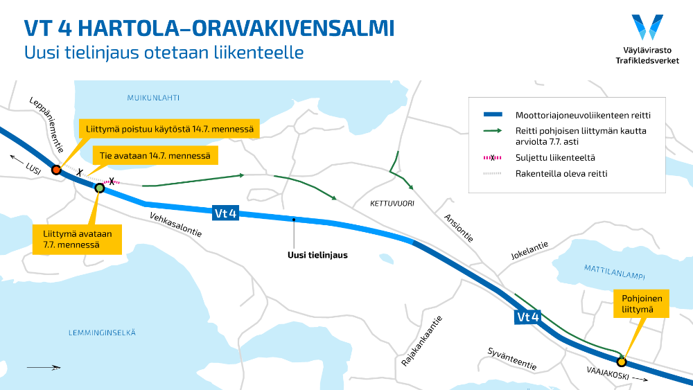 Kartta, uusi tielinjaus Muikunlahti-Kettuvuori, valtatie 4