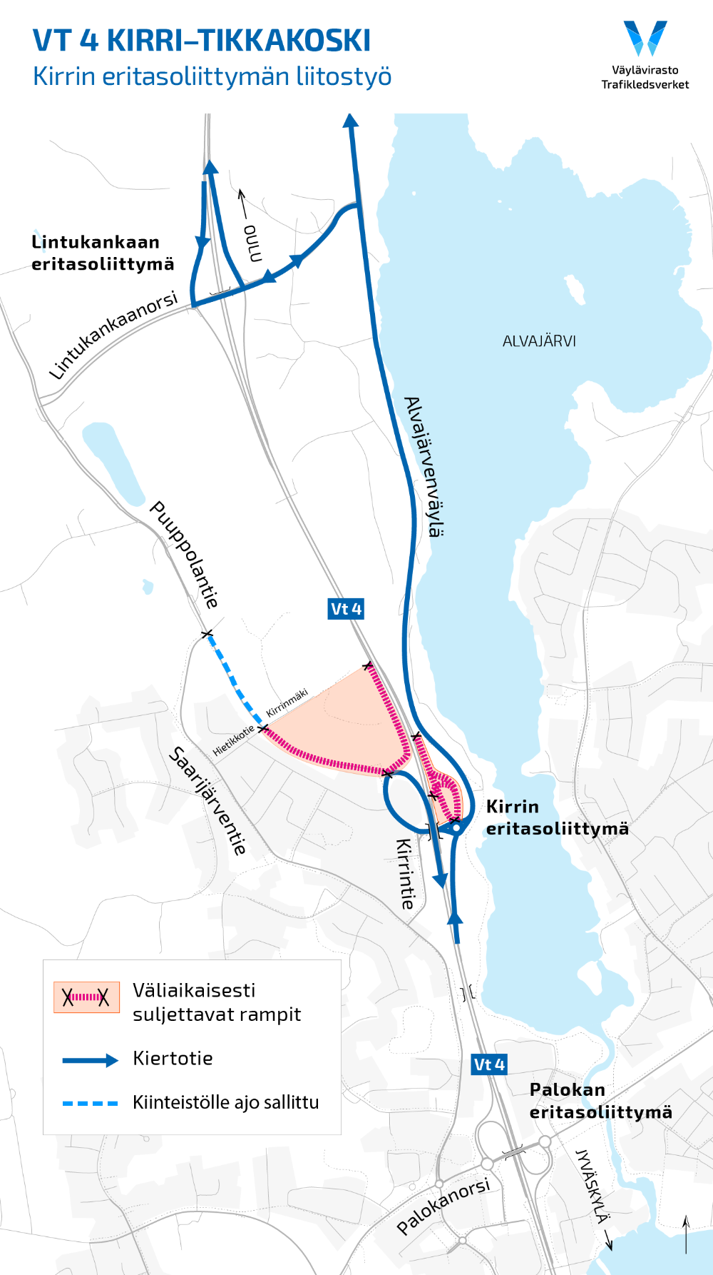 Kartta Kirrin eritasoliittymän liitostöiden aikaisista ajoneuvoliikenteen liikennejärjestelyistä.