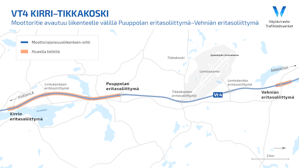 Kartta valtatie 4 Kirri-Tikkakoski, valtatie 4:n moottoritie päällystetty Puuppolan eritasoliittymä-Vehniän eritasoliittymä, tie liikenteelle 1. elokuuta.